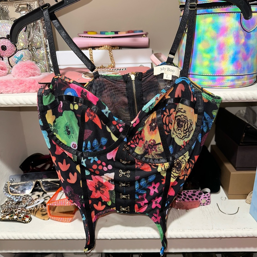 Rainbow Floral Corset. WORN ONCE. Photo of me above